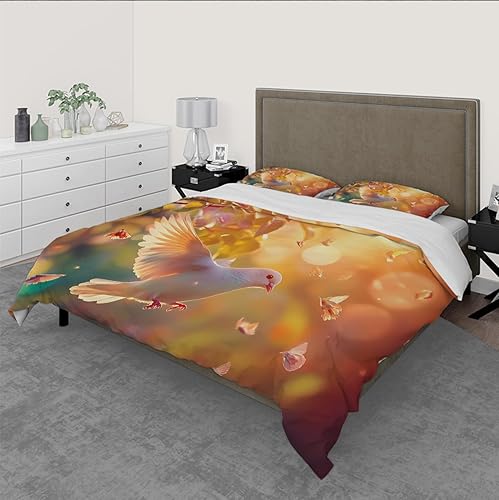 Housse Couette Colombe Blanche Ensemble 3 pièces Fantasy Sunset Glow et Printemps Chute Fleurs Motif Ensembles literie avec Fermeture éclair 2 taies d’Oreiller 230x220 cm - Nail Gallerys