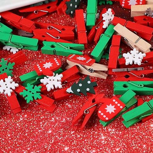 Noël Pinces à Linge en Bois,60 Pièces Clips photo en bois de noël,mini clips pour photos de Noël,Pinces en bois pour décoration de Noël - Nail Gallerys