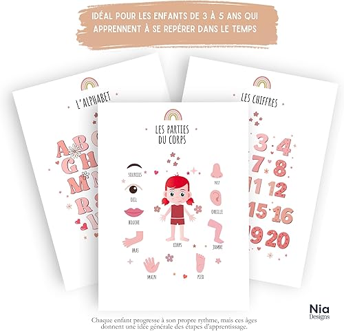 Générique Pack de 3 Posters Éducatifs DIN A4 | Alphabet, Chiffres & Parties du Corps (Fille) | Apprentissage Ludiques & Décoratives | Éveil Enfant 3-5 Ans | Idée Cadeau (Pack Éducatif Rose (Fille)) - Nail Gallerys