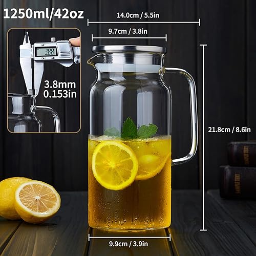 MESNEY Pichet en Verre 2L avec Anse et Couvercle, Carafe Eau Borosilicate Résistante à la Chaleur, Grande Capacité pour Thé Jus Lait et Boissons Froides ou Chaudes - Nail Gallerys