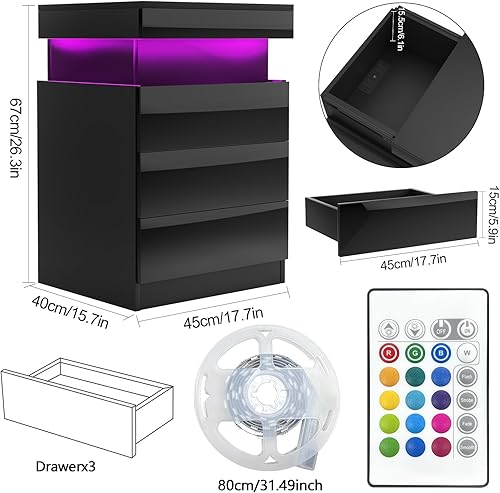 EXSELTMAN Table de Nuit Blanche, Table de Chevet LED, 16 Couleurs LED RVB, Chevet de Lit avec 2 Tiroirs, Conception de la Glissière Supérieure, pour Salon, Chambre, Bureau 45x40x52cm - Nail Gallerys