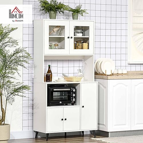 HOMCOM Armoire de Cuisine Buffet Cuisine Meuble de Rangement avec 3 placards, niches, étagères réglables, Portes vitrées, Passe-câble, Meuble Micro Onde pour Salle à Manger, Salon, 90x40x180cm, Blanc - Nail Gallerys
