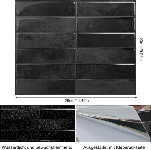 Peel and Stick Lot de 10 feuilles d'autocollants pour carrelage - 29 cm x 23 cm - 3D - Amovibles et adhésifs - Pour cuisine, salle de bain, décoration murale - Noir - Nail Gallerys