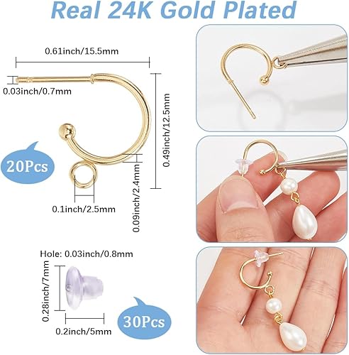 SUNNYCLUE 1 boîte de 50 boucles D'Oreilles Plaquées Or 24 carats Véritables 24 tiges D'Oreille avec Boucle 30 poussoirs D'Oreilles en Plastique 304 clous D'Oreilles en Acier Inoxydable pour la Fabrica - Nail Gallerys