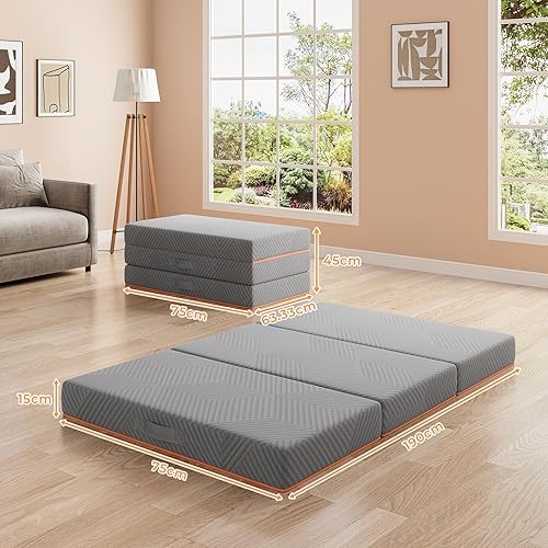 Vesgantti Matelas pliable pour petit lit double 120 x 190 cm, mousse à mémoire de forme en gel de 10 cm, matelas pliable à trois plis pour voyage, camping, lit d'invité, gris, certifié CertiPUR-US - Nail Gallerys