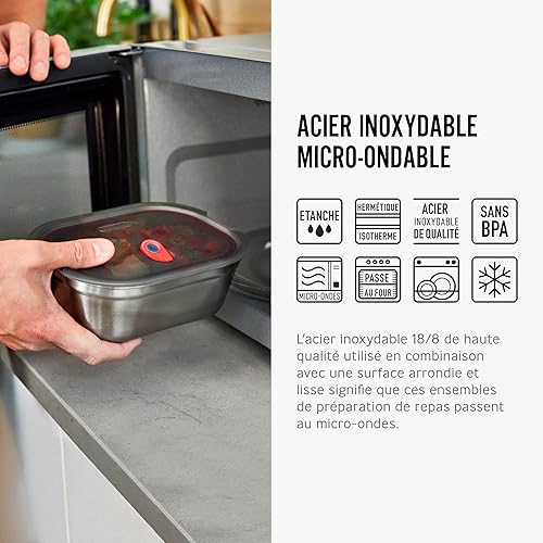 BLACK + BLUM - Lot de 3 Boîtes Repas Hermétiques - Inox Compatible Micro-Onde, Lave-Vaisselle, Four et Congélateur - Couvercle Sécurisé - 3 x 900 ml - Gris/Rouge - Nail Gallerys