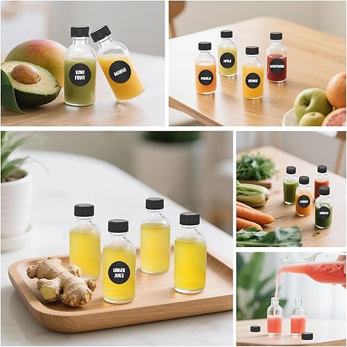 HOMIKLSA 12 Petites Bouteilles Shot de 60ml avec Entonnoir, Étiquettes & Stylo, Mini Bouteilles en Verre pour Shots de Gingembre, Huiles Essentielles & Spiritueux - Nail Gallerys