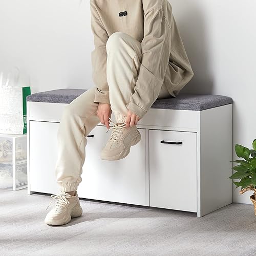 Meerveil Banc à Chaussures, Étagère à Chaussures avec Coussin Style Industriel en Bois pour Entrée Couloir, L100 x P30 x H52 cm, Blanc - Nail Gallerys