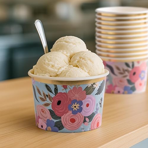Lot de 50 Pots Glace 266 ml et Coupelles Jetables – Bols en Papier avec Motif Floral et Bord Doré – Pot à Glace Jetable, Coupelle Jetable Chaud/Froid pour Fêtes, Mariages, Desserts et Soupes - Nail Gallerys