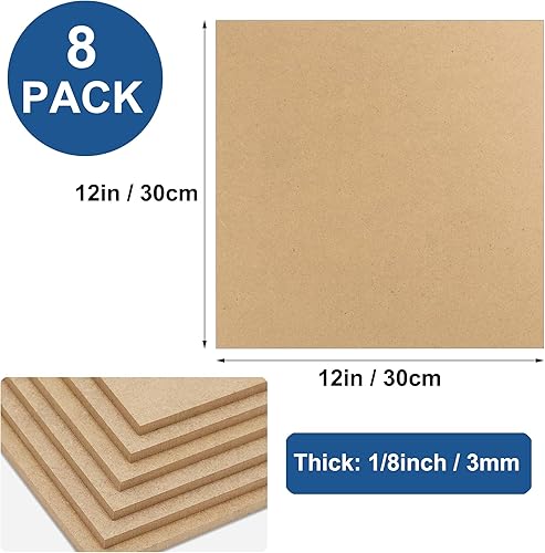Acidea Lot de 8 Panneaux de Bois MDF pour Travaux Manuels, 30,5 x 30,5 x 3 mm d'Épaisseur, Fibres à Densité Moyenne Non Finis, pour Bricolage et Peinture - Nail Gallerys