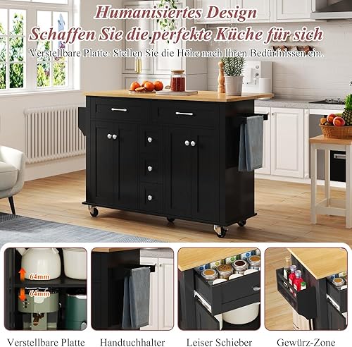 Desserte îlot de Cuisine sur Roulettes, Meuble de Cuisine avec Plans de Travail Rabattable, Porte-torchons, 2 Tiroirs, 2 Portes avec Rangement avec étagère Range, Organiseur coulissant à 3 Niveau - Nail Gallerys