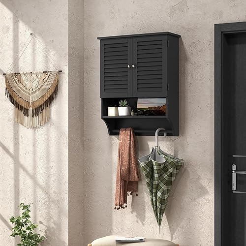 GIANTEX Armoire Murale Salle de Bain, Meuble Suspendu Rangement avec 2 Portes à Persiennes, Étagère Réglable, Porte-Serviettes, 58 X 22 X 75 CM, Placard Mural pour Toilette, Cuisine (Noir) - Nail Gallerys