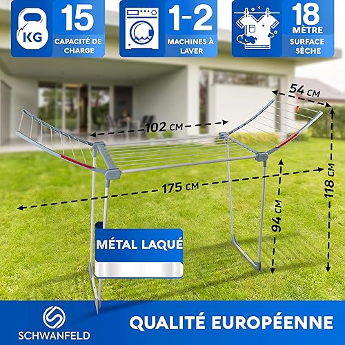 SCHWANFELD® sechoir a Linge Exterieur [18M Longueur DE SÉCHAGE] - etendoir Linge Interieur - tancarville Linge Solide XXL - séchoirs à Linge - étendoir à Linge - etandoire à Linge intérieur - Nail Gallerys