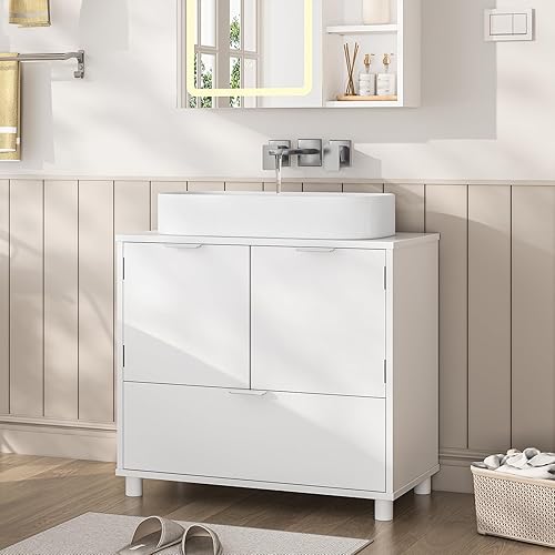 FORABAMB Meuble sous Lavabo, Meuble Vasque Salle de Bain avec Grand Tiroir, Compartiments Fermés, 4 Pieds en Bois, Meuble de Rangement pour Salle de Bain, Blanc, 30 x 60 x 60 cm - Nail Gallerys