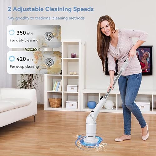Brosse Nettoyage Electrique Rotative sans Fil, Spin Scrubber 2 Modes, 8 Brosse interchangeables, Réglable Longueur 64-119cm, Batterie 2000mAh, Indicateur LED, pour Salle de Bain Carrelage Cuisine - Nail Gallerys