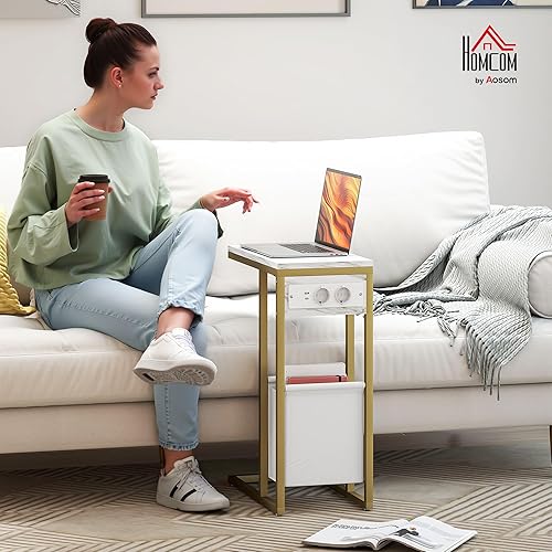 HOMCOM Table d'appoint avec station de charge, bout de canapé étroit forme C avec sac de rangement en tissu, plateau aspect marbre, cadre en acier, table basse pour salon, chambre, 46x25x62,5cm, blanc - Nail Gallerys