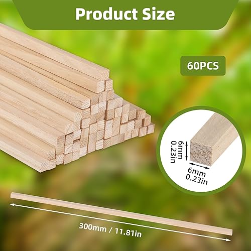 Lot de 60 bâtonnets de bois de Tung pour travaux manuels, longues bandes de bois carrées, tiges en bois brut pour bricolage, modélisme, art, décoration d'intérieur (6 x 6 x 300 mm) - Nail Gallerys