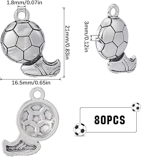 SUNNYCLUE 1 boîte 80 pièces Breloque de Football Breloques de Ballon de Football en Argent Jouant au Football Sports Europe Royaume-Uni Boules en Alliage avec Chaussures Breloque Vintage pour la Fabri - Nail Gallerys