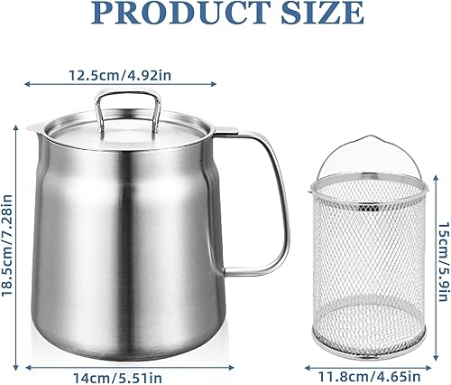 Récipient à graisse en acier inoxydable - Boîte à graisse de 2 l - Avec filtre à mailles fines - Couvercle anti-poussière - Bol antidérapant - Ustensiles de cuisine pour le stockage de l'huile de - Nail Gallerys