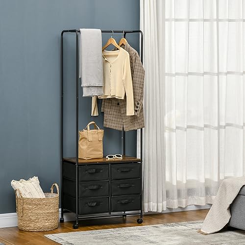 HOMCOM Meuble Dressing penderie Style Industriel avec 6 tiroirs en Tissu et 4 roulettes - 63,5 x 40 x 172,5 cm Noir Marron - Nail Gallerys