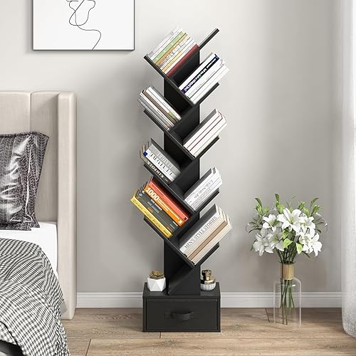 COSTWAY Bibliothèque avec tiroir à 8 étages, en Forme d'arbre, étagère pour CD et DVD, pour Chambre à Coucher, Salon et Bureau à Domicile, 38 x 21,5 x 149,5 cm (Noir) - Nail Gallerys