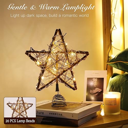 Lewondr Etoile Sapin de Noel Bois, Lumiere LED Decoration Noel Topper Arbre avec Rotin Vintage, Lampe LED avec Base en Spirale Alimenté par Batterie Decorative pour Maison Chambre Cime d'arbre, Brun - Nail Gallerys