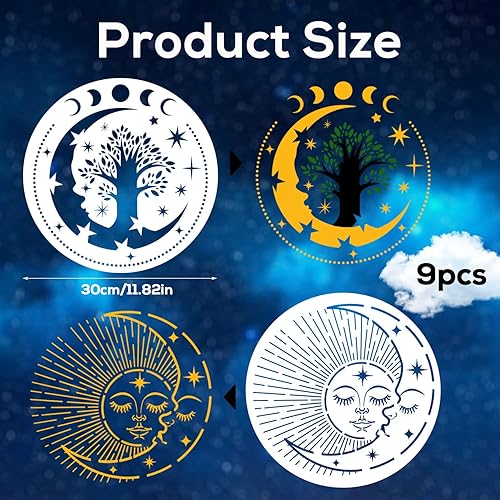 9 Pcs Mandala Pochoir Lune et Soleil, Star Pochoirs Réutilisable pour Peinture Artisanat Bois Mur Meubles Décor À La Maison - Nail Gallerys