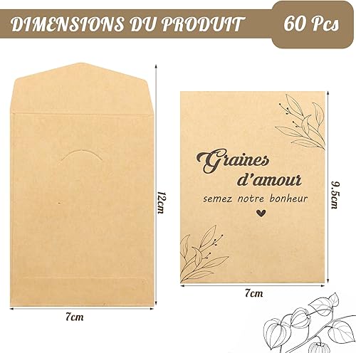 Scettar 60 Pcs Sachet de Graines à Semer Mariage Pochette Kraft,Cadeau Invites Mariage Pochettes pour Graines à semer 12 x7cm,Cadeau Bapteme Invité Sac en Papier Kraft - Nail Gallerys