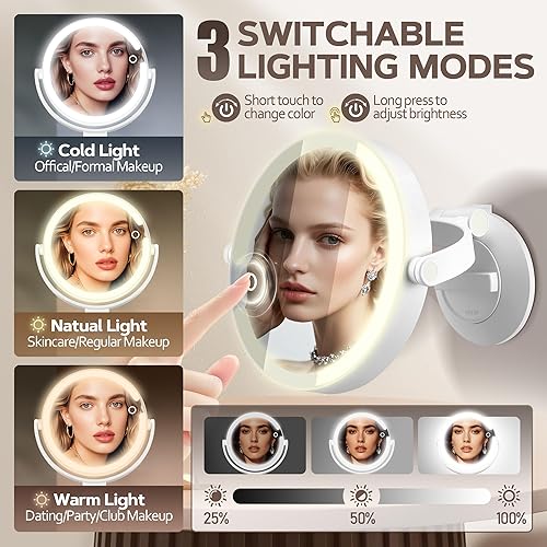 MOMOKUBA Miroir grossissant avec lumière 30X, miroir de salle de bain LED avec 3 modes d'éclairage, rotation double face 30x/1x, miroir de maquillage mural, miroir de maquillage rechargeable avec - Nail Gallerys