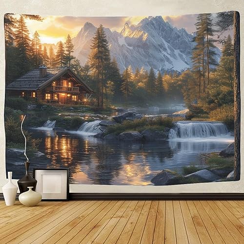 EVMILA 3D Chalet de montagne et forêt Impression Murale Couverture Décor Maison Poster Art Tapisserie Tenture Murale Polyester Doux Pour Chambre Salon Dortoir Déco 100cmx150cm - Nail Gallerys