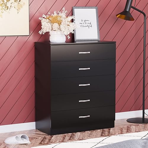 Vida Designs Commode Noire à 5 poignées et glissières en métal, tiroirs Anti-Inclinaison à Support Unique, Meubles de Chambre à Coucher Riano, Product Size: H 90 x W 75 x D 36 Cm Approx… - Nail Gallerys