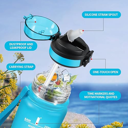 Gourde 1.5L, Bouteille d'eau Sport avec Paille, Bouteille Motivation avec Marqueur de Temps, Anti-Fuite & Réutilisable, Gourde Grande pour Fitness, Voyage, Course à Pied, Extérieur, Cyclisme - Nail Gallerys