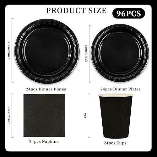 Lot de 96 assiettes en carton noires pour fête d'anniversaire, gobelets, assiettes de fête, pour anniversaire d'enfant, décoration de fête - Nail Gallerys