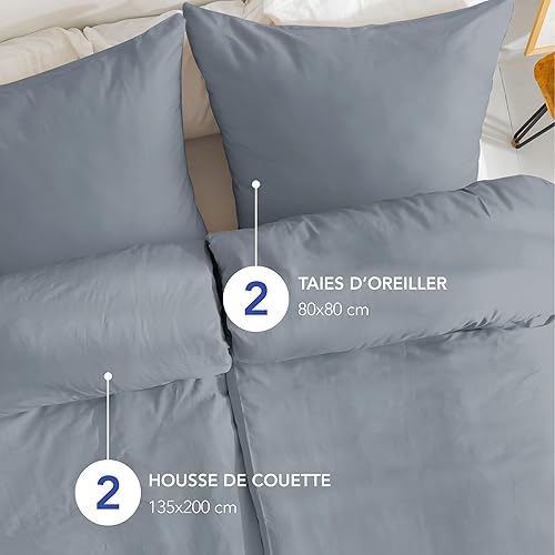 Dreamzie Housse de Couette 140x200 cm et 2 Taie Oreiller 80x80 cm - Gris - Parure de lit en Satin de Coton - 3 Pièces - Certifié sans Produits Chimiques (Oeko TEX) - Nail Gallerys