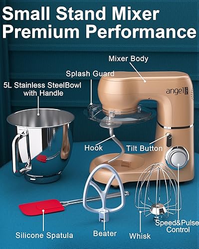 Robot Pâtissier 1300W 5L, 10+1 Vitesses Mini angel Pétrin Professionnel, avec Crochet Pétrisseur, Batteur plat, Fouet à Fils,couvercle de protection, Spatule en silicone, Pour Pizza, Pain (Or) - Nail Gallerys