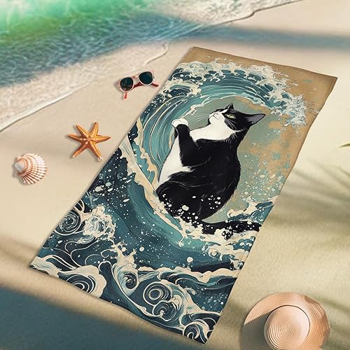 Serviette de plage en microfibre à motif vague de chat noir et blanc, séchage rapide, absorbante, anti-sable, légère, pour piscine, salle de sport, extérieur, voyage, 177,8 x 88,9 cm - Nail Gallerys