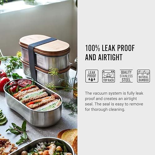 BLACK + BLUM - Bento Box Empilable - Boîtes Lunch Box en Acier Inoxydable avec Couvercle en Bambou - Hermétiques - Fourchette Comprise - 2 x 500 ml - Gris/Amande - Nail Gallerys