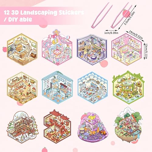 Suevut Autocollants 3D Maison, 12 Pièces Stickers de Scène DIY, Autocollants 3D pour Décoration Murale, Stickers 3D Haute Résolution, Autocollants Créatifs avec 2 Pincettes pour Artisanat - Nail Gallerys