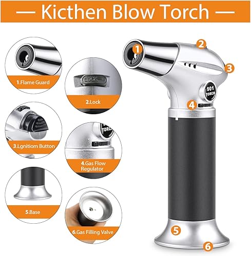 WOSTOO Chalumeau de Cuisine, Torche de Cuisine Rechargeable avec Verrouillage Sécurité et Flamme Réglable, Briquet Chalumeau pour Cuisson, Barbecue, Crème Brûlée, Gaz Butane Non Inclus - Nail Gallerys
