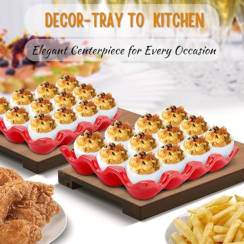 Flexzion Lot de 2 supports à œufs en céramique pour 12 tasses – Plateau à œufs en porcelaine – Support de service décoratif pour réfrigérateur, comptoir de présentation (rouge) - Nail Gallerys