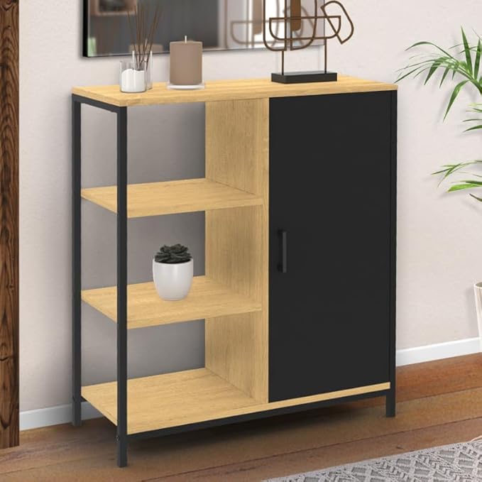 IDMarket - Buffet d'appoint 3 étagères et Placard Noir 70 cm Boston Design Industriel - Nail Gallerys