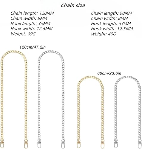 Lajiakoy® Bandouliere pour Sac, 4 PCS Sangle Sac Bandouliere, Chaîne de Remplacement pour Sac À Main, Chaine Argent, Or Femme pour Sac Bandoulière, Sac, Portefeuille (60CM, 120CM) (4 Pièces) - Nail Gallerys