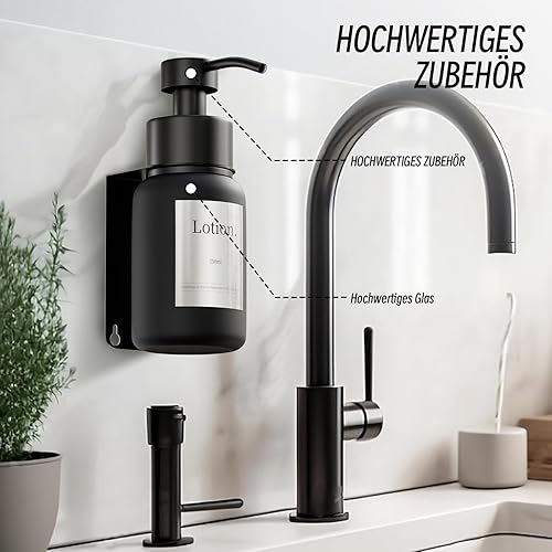 RDJ-DISPENSER Distributeur de savon en verre - Fixation murale - Pas de perçage nécessaire - Convient pour les salles de bains, lavabos, cuisines, etc. - Noir givré - 250 ml - Nail Gallerys