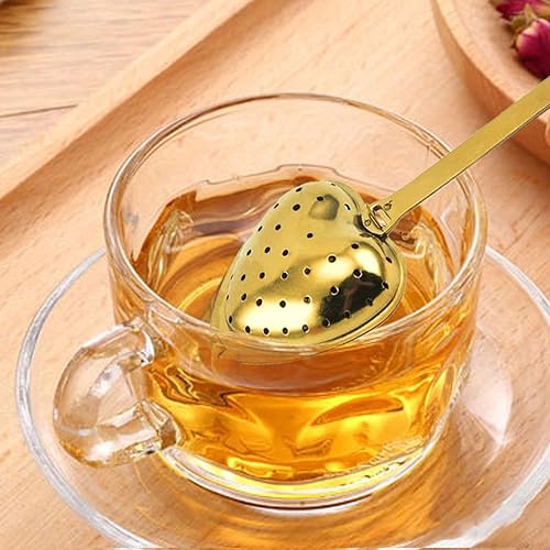 Lot de 4 cuillères à thé génériques - En acier inoxydable - Avec poignée en forme de cœur - Passoire à thé pliable - Doré - Nail Gallerys