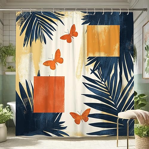 Rideau de douche papillon, orange bleu marine, rideau de bain floral pour décoration de salle de bain, printemps été, art moderne, rideau de douche en tissu aquarelle avec crochets 183 x 198 cm - Nail Gallerys