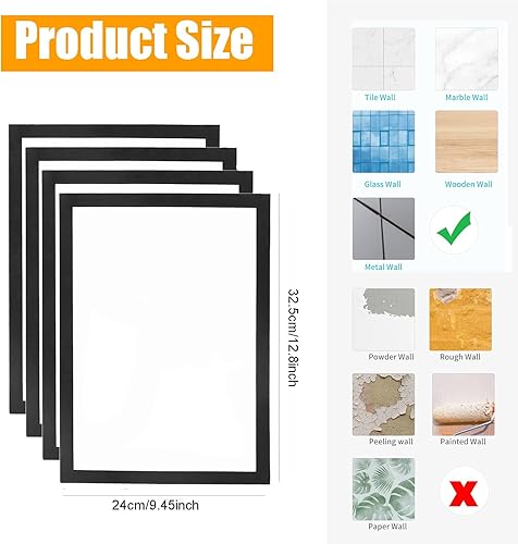 4 Pièces Cadre Magnétique Auto-Adhésif, Cadre d'Affichage Magnétique, Cadre Photo Magnétique A4, Diamond Painting Cadre, Cadre Magnétique, pour Signe, Licence, Photos, Document - Noir, 32,5 x 24 cm - Nail Gallerys