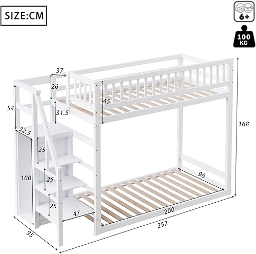 PUGSDRLY Lit Superposé Enfant 90x200cm,Sommier à Lattes,Lit Mezzanine Enfant 2 Places avec Armoire et échelle,Design de Clôture Haute,Cadre en Pin,sans Matelas,Blanc - Nail Gallerys
