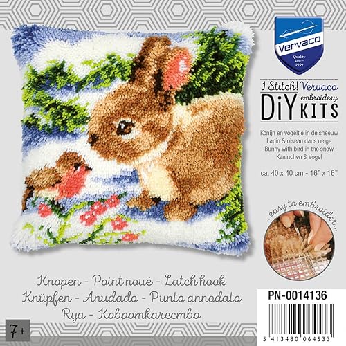 Vervaco Kit Point Noué Á Faire Coussin Broderie Debutant DIY LAPIN & OISEAU DANS NEIGE Latch Hook Kit Complet Decoration Maison Manuelle Loisir Créatif ca. 40 x 40 cm Embroidery - Nail Gallerys