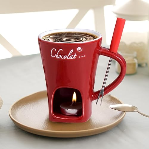 WJnflQN Tasse fondante au Chocolat,Tasse fondante au Chocolat, Tasse à Fondue en céramique, Tasse à Fondre Le Chocolat, Chauffe-Beurre Chauffe-Plat avec Fourchette pour Caramel et Fromage - Nail Gallerys