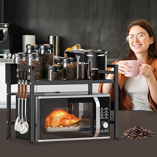 YSWOVUO Etagere Cuisine Extensible, Etagere Micro Onde avec 6 Crochets, 1 Organisateur de Baguette, Support Micro Onde en Acier au Carbone, Etagere Micro Ondes Cuisine Rangement Noir - Nail Gallerys